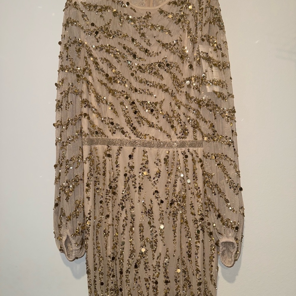 New Mac Duggal Gold Embellished High Neck Puff Sleeve Trumpet Gown size 12 - Picture 5 of 13